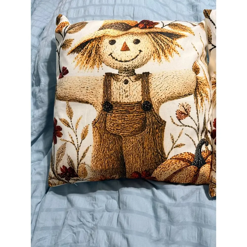 Flat Print Thanksgiving Farmhouse Style Pillow Non-Embroidered Scarecrow Pumpkin